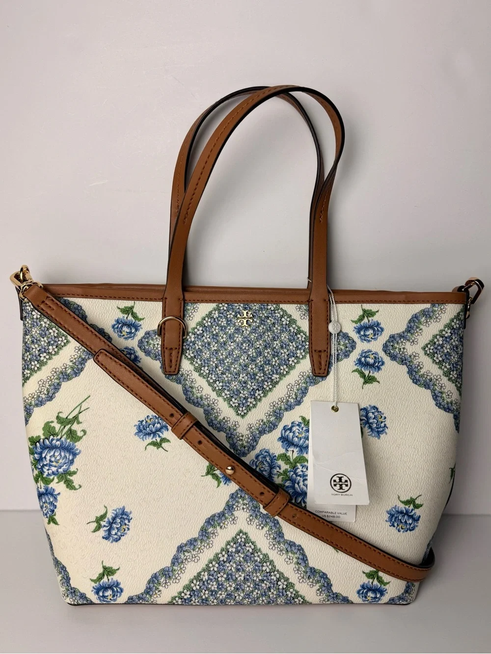 Tory Burch Kerrington Small Zip Tote Terrace Ditsy Floral Cloud Blue Brown